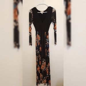 Black and floral dress with sheer sleeves